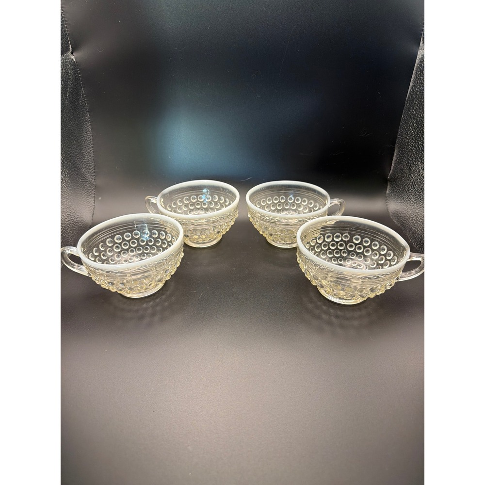 Vintage Clear Hobnail Glass Punch Cups with Opalescent White Rim Set of 4
